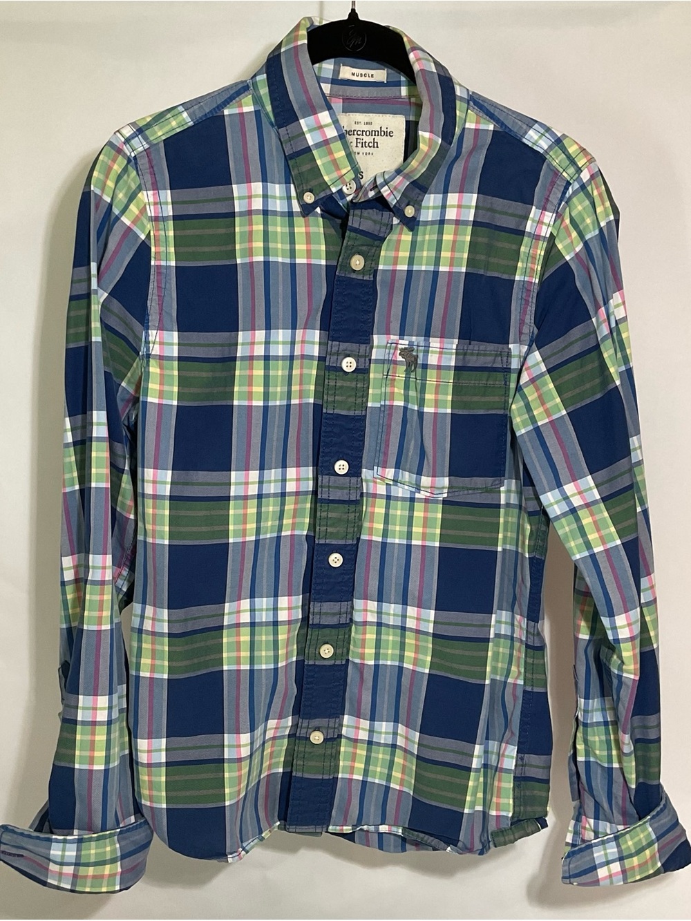 Abercrombie & Fitch Blue, Green & White Plaid Button-Down Shirt